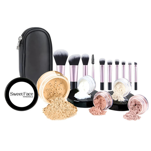 16-Piece Mineral Makeup Starter Kit with 10 Makeup Brushes, Bare Face Loose Powder Cosmetics Set for Beginners & Professionals
