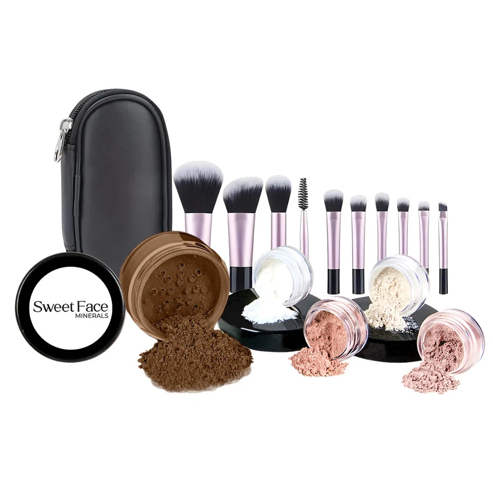 16-Piece Mineral Makeup Starter Kit with 10 Makeup Brushes, Bare Face Loose Powder Cosmetics Set for Beginners & Professionals